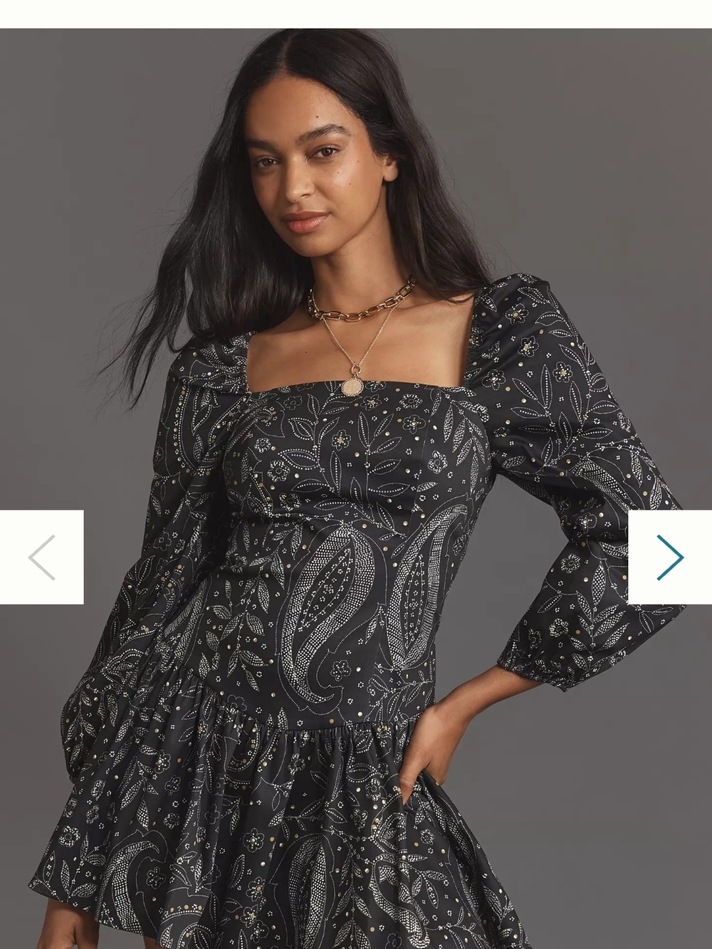 Anthropolgie, Meave Black Paisley Square Neck Long Sleeve Mini Dress
